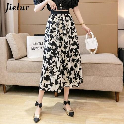 Jielur Pretty Ink A-line Dot Floral Skirts for Women Summer Wash Print High Waisted Black White Skirt Casual Folds Women Skirt