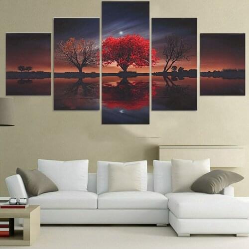 Canvas Painting Wall Art with Frame 5 pieces Big Red Tree Paitings natural Landscape Poster For Living Room Home Decor Pictrues