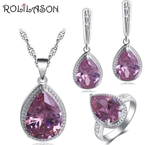 ROLILASON Water Drop Design 925 Silver Pink Zircon White Crystal For Women Earrings Necklace Pendant Rings Jewelry Sets JS734