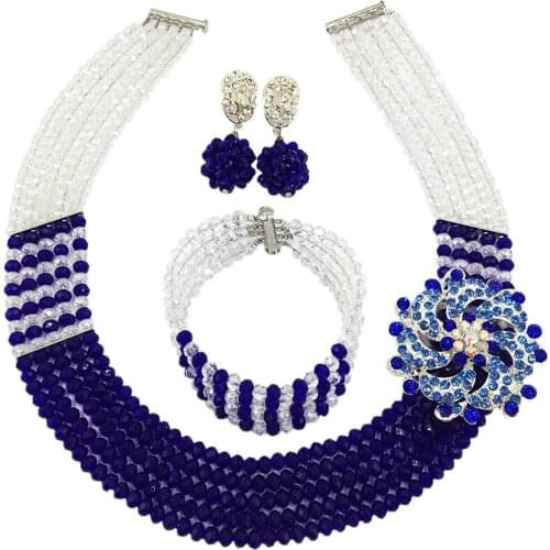 Fashion Clear AB Royal Blue Crystal Beaded Necklace Nigerian Wedding African Beads Jewelry Set for Women 5L-SXJB05