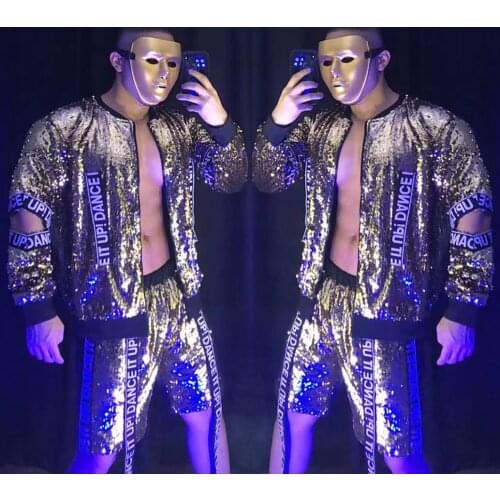 Mens Sequins Set Nightclub Gogo Jazz Dancing Stage Wear Hip Hop Street Dance Streetwear Party Bar Dj Dancer Rave Outfit VDB4032