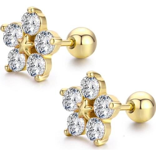 Cute Star Flower Set Round CZ Stones Screw Back Stud Earrings For Women Baby Kids Girls Gold Color Piercing Jewelry Oorbellen