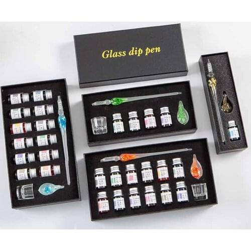 3/7/15 Pcs Glass Pen Set Floral Crystal Dip Pen 7 ML Colors Ink Gifts Box Writing Drawing Stationery School Art Supplies