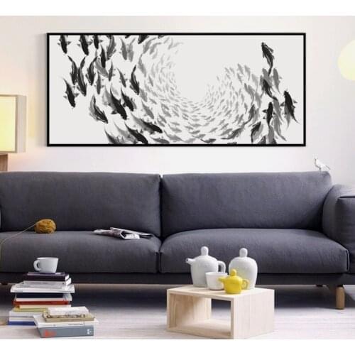 07G Black Gray Abstract Goldfish Banners Canvas Art Painting Print Poster Picture Living Room Bedroom Home Decoration Mural