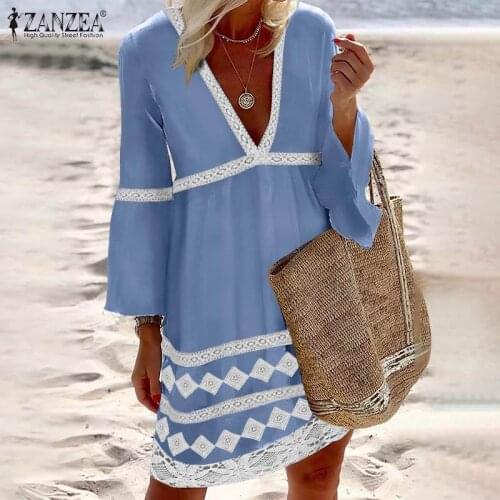 ZANZEA Summer Lace Crochet Dress Women Bohemian V Neck 3/4 Flare Sleeve Sundress Female Patchwork Beach Party Vestidos Oversized
