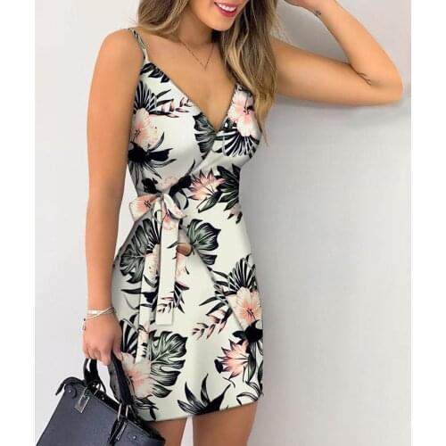 Floral Dresses For Women 2021 Women Fashion Sexy V-neck Print Lace-up Dress Sling Dress Backless Beach Dress Vestidos Mujer