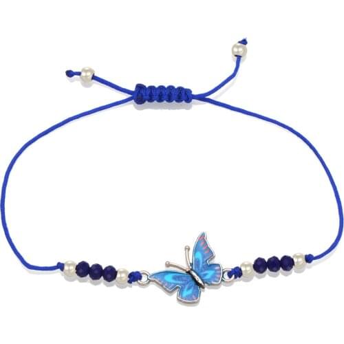 Zinc Alloy Butterfly Crystal Thin Cord Braided Bracelet Women Lovely Insect Red Pink Black Blue String Simple Jewelry Present