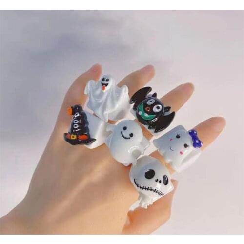 Halloween Gift White Acrylic Resin Cartoon Ghost Pumpkin Magic Hat Rings For Women Girl Jewelry-accessory Punk Statement Design
