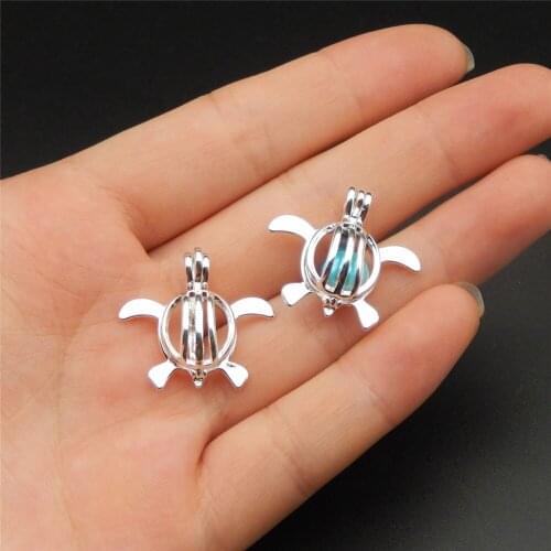 10pcs silver turtle pearl cage necklace pendant, aroma oil diffuser adds your own pearl, stone makes it more attractive