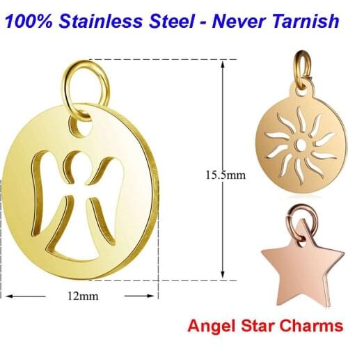 5pcs/lot 316L Stainless Steel Angel Charms 100% Steel Sun Handmade Jewelry Finding supplies feather Star Necklace Charm Pendant