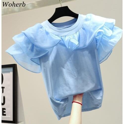 Woherb 2021 Summer Japanese Style Ruffle Patch T-shirt Fashion Tops Women Casual All-match Short-sleeved T-shirts Chic Tee Femme