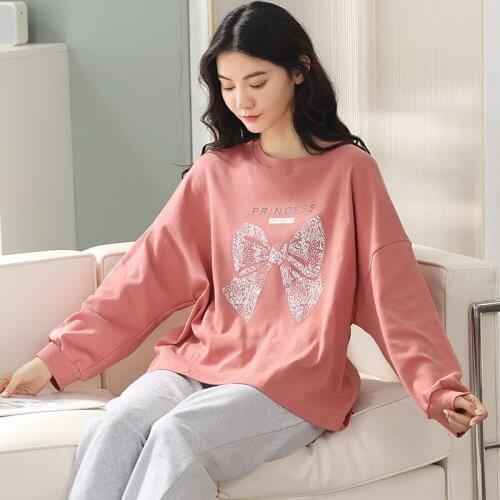 Pajamas Women 2021 New Autumn O-Neck Cotton Long-sleeved Trousers Pijamas Two-piece Korean Cartoon Plus Size Sexy Sleepwear Set