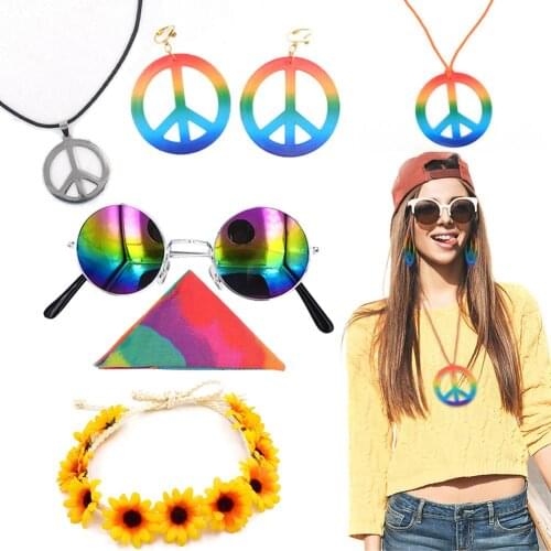 Hippie Sunglasses Peace Sign Pendant Earrings Rainbow Hood 60 or 70s Hippie Dress Up Accessories Decorative Set