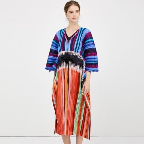 Summer Spring Women Boho Casual Loose Sundresses Colorful Frill Stripe Contrast Bohemian Pleated Print Oversized Dress