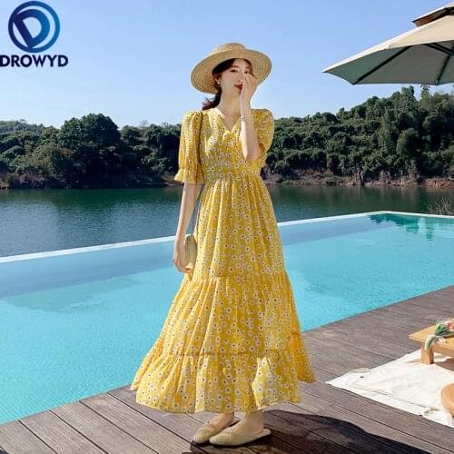 Beach Yellow Print Chiffon Long Dress Women 2021 New Summer Korean Chic Slim V-Neck Dress Temperament Holiday Style Sweet Casual