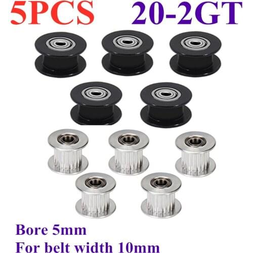 5pcs 2M 2GT 20 Teeth Synchronou Idler Pulley Bore 5mm Black with Bearing for GT2 Open belt Width 10MM 20teeth 20T Wheel