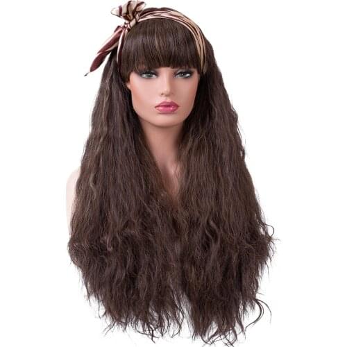 BESTUNG Long Yaki Kinky Fluffy Wigs for Women Ladies Synthetic Full Hair Natural Light Brown Curly Wavy Wig with Flat Bangs for