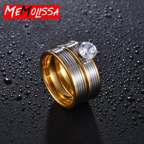 Elegant Wedding Engagement Pair Rings Set 2PCS Gold Color Womens Ring Jewelry Crystal Accessories Size 7 8 9 10 11
