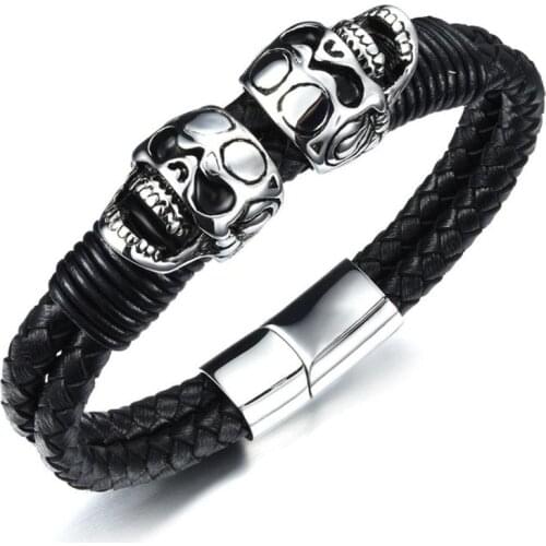 Punk Men Braided Leather Skull Charm Bracelet