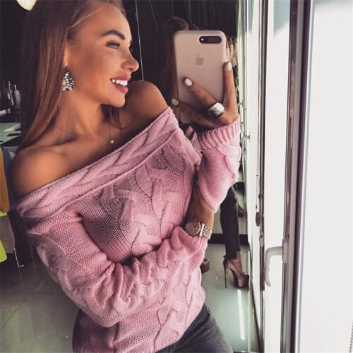 Fashion Women Off Shoulder Knitted Sweater Elegant Long Sleeve Pullover Autumn Tops Ladies Knitwear truien dames Streetwear