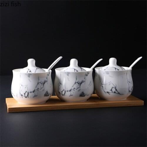 Marble grain road ceramics Spice jar 3pcs suit kitchen Creative Bamboo wood cover with tray storage Seasoning salt shaker
