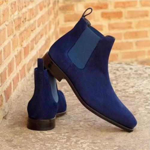 Mens Handmade Navy Blue Suede Chelsea Retro Classic Fashion Trend Everyday All-match Casual Short Boots Fashion Boots HM052