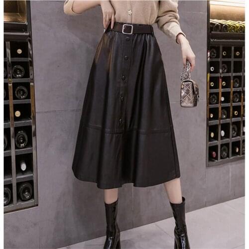 Neophil Women Pu Faux Leather A-line Midi Skirts 2020 Winter Preppy Style Button Sashes Khaki Ladies Flare Skater Skirt S9106