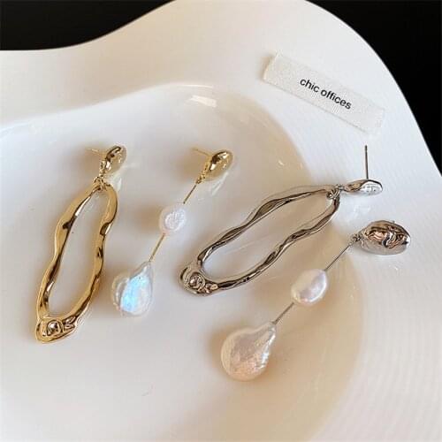 2020 New S925 Retro Simple Asymmetric Metal Freshwater Pearl Long Drop Earrings For Women Girls Party Wedding Korean Jewelry
