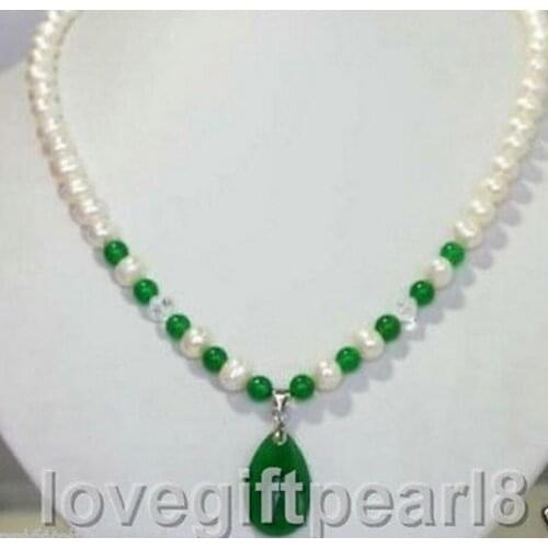 New Jewelry White Freshwater Pearl & green jade Pendant Necklace