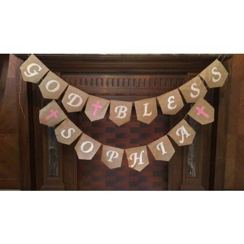 Personalized Girl Name Bunting GOD BLESS Name Banner With Pink Cross Nursery Home Garland Baby Happy Baptism Party Decorations