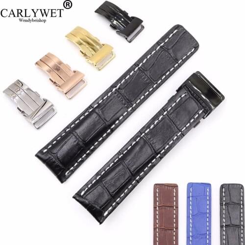CARLYWET 22 24mm Black Brown Blue Replacement Real Cowhide Leather Wrist Watch Band Strap With Silver Clasp Buckle For Breitling