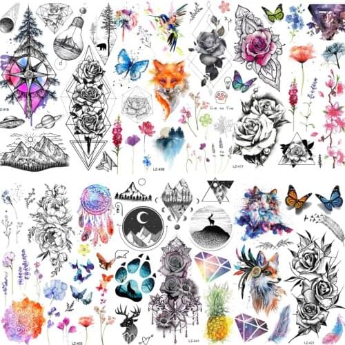 Flash Flower Temporary Tattoos For Women Kids Realistic Fake Jewelry Tatoos Decal Geometric Rose Peony Lavender Body Art Tatoos
