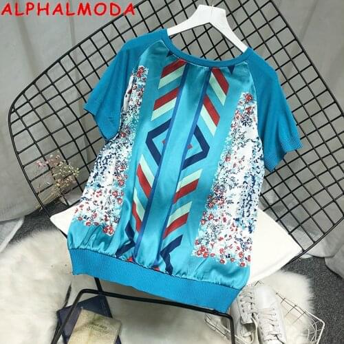 ALPHALMODA Summer Round Neck Satin Printed Short-Sleeved Knitted Patchwork T-shirt Retro Loose Fashion Women Top