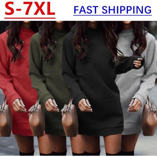 7XL~2020 Fashion New Dress Autumn Women Sweatshirt Long Sleeve Plue Size O-Neck Warm Loose Solid Color W/Pocket Womens Dresses