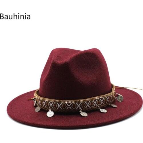 Bauhinia Wool Fedora Hat Women Men Top Jazz Church Godfather Sombrero Caps Wide Brim Ladies Trilby Chapeu Feminino Hats
