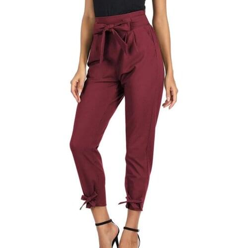 Summer Casual Women Pants High Waist Bottoms Bow Knot Removable Belt Pencil Pants Streetwear Solid Color Female Sweatpants