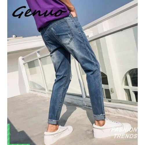 Genuo 2020 Spring and Sunmmer New Hole Men Jeans Casual Style Slim -fit Jeans Stretch Nine Pants Youth Trend Pants Jeans Men