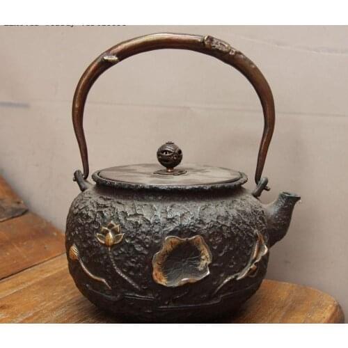 Jepan Iron Silver Gilt Moon Lotus Water Lily Water Bottle TeaPot Teakettle Pot