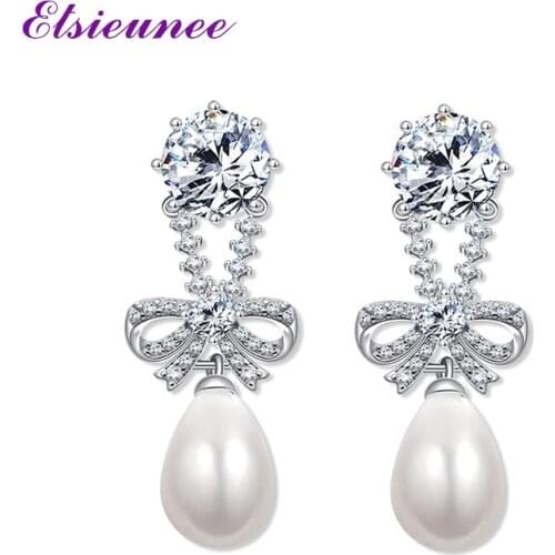 ELSIEUNEE Classic Wedding Fine Jewelry Earring 100% 925 Sterling Silver Pearl Simulated Moissanite Diamond Drop Dangle Earrings