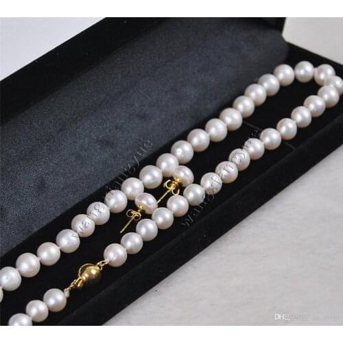 Genuine 8-9MM White Akoya Cultured Pearl necklace earring set AAA>>> free shipping