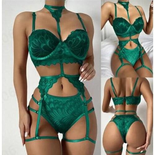 2021 Sexy Large Size Bra Set 4 PCS Women Erotic Bra Sexy Lace Lingerie Underwear Sleepwear Push Up Seamless Embroidery Lingerie