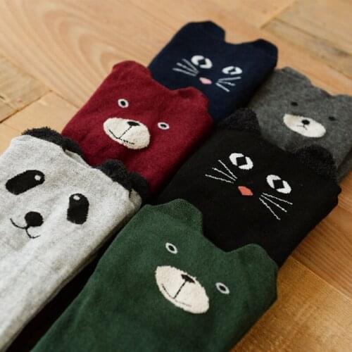 Korean Cute 3D Cartoon Animal Knee High Socks Kawaii Bear Cat Patterned Over The Knee High Socks Cotton Women Stockings