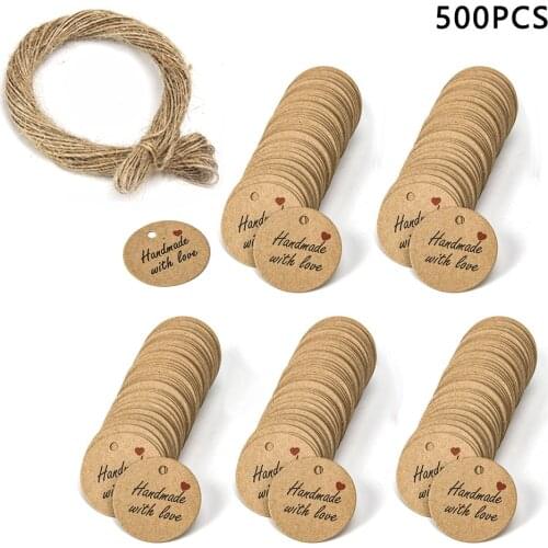 500 Pcs Round Handmade with Love Tags with Natural Kraft Red Love Tags for Wedding Party Small Shop Packaging Decoration Tags