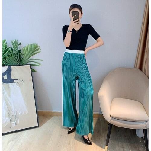 HOT SELLING Miyake fashion waist patchwork pants Wide leg pants IN STOCK