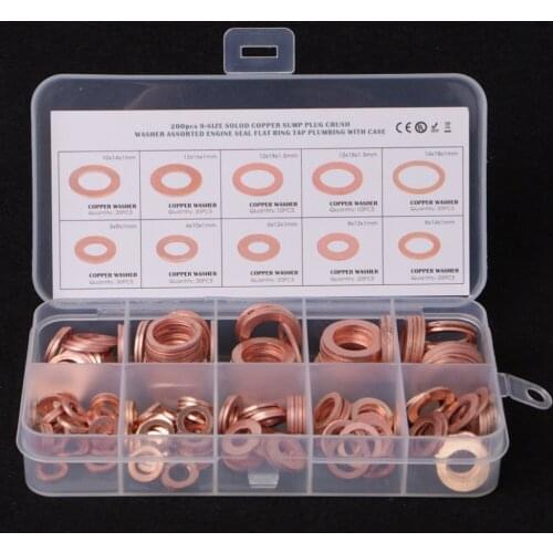 200PCS Copper Washers Gasket Set 9 Sizes Flat Ring Seal Kit With Plastic Box