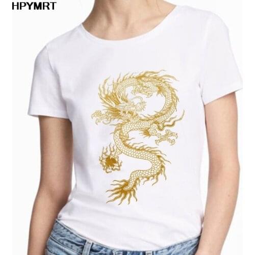 New Summer Yellow Dragon Pattern Female T-shirt O-neck Tshirt Printing Casual Short-sleeved T Shirt Women Harajuku Top Clothing