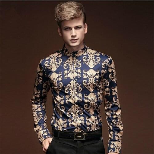 New Mens Fashion barroco BAROCCO style Royal Prince Luxury Floral Long Sleeve Shirt Tops Flower Print Cocktail party vintage