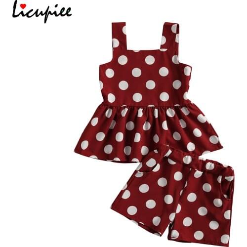 2-7 Years Fashion Kids Girls Fashion 2-piece Outfit Set Sleeveless Polka Dot Tops+shorts Set for Children Girls