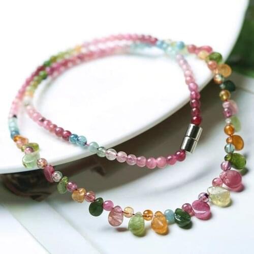 Genuine Natural Colorful Tourmaline Quartz Gemstone Necklace Clear Bead Stone Crystal 3mm Long Women Men AAAAA