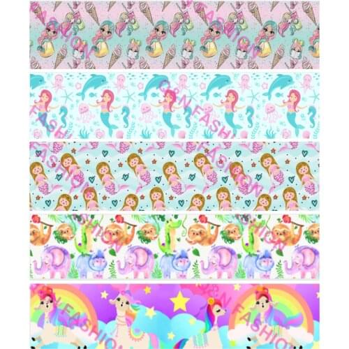 Q&N Ribbon 16mm 22mm 25mm 38mm 50mm 75mm Mermaid Unicorn Cartoon Printed Grosgrain/FOE Ribbon DIY Sewing Hair bows Gifts